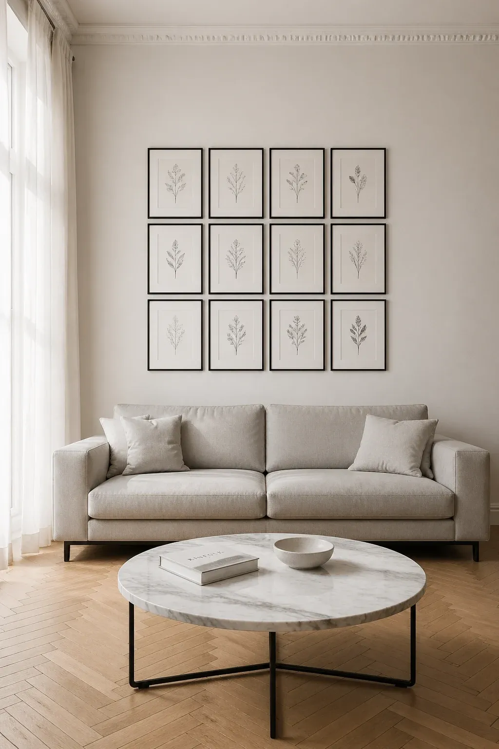 A formal grid gallery wall with twelve botanical prints hanging above a grey sofa.