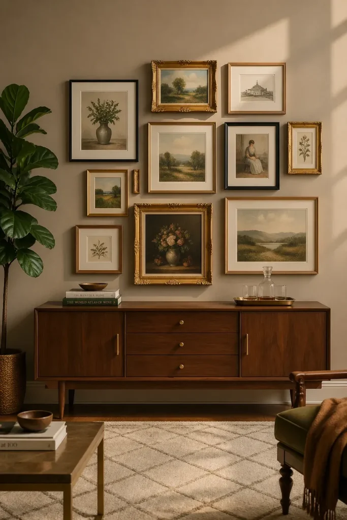 A mix of gold and wood frames arranged cohesively on a taupe living room wall.