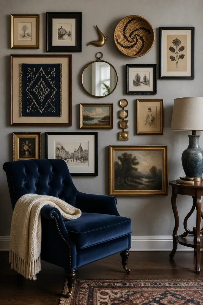A gallery wall featuring framed art, a round mirror, and a woven basket above a navy chair.