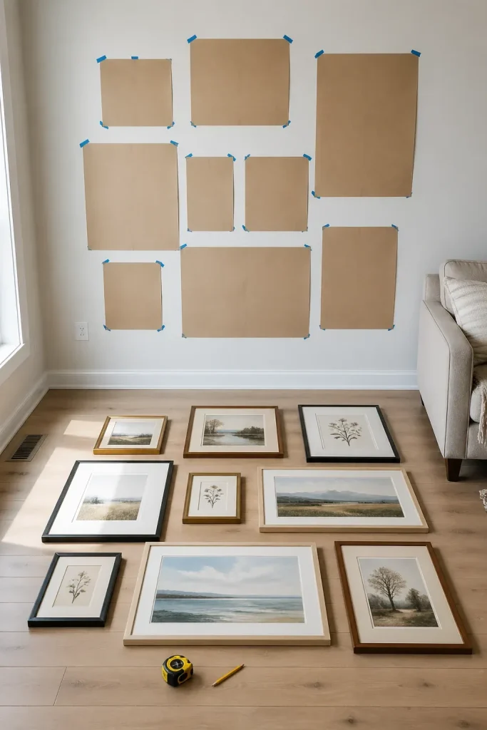 Brown paper templates taped to a wall to plan a gallery wall layout above a wood floor.