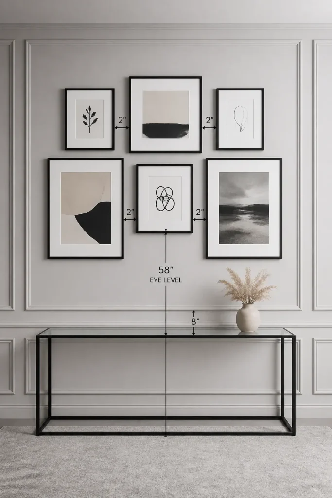 A perfectly spaced gallery wall with consistent gaps between frames above a console table.