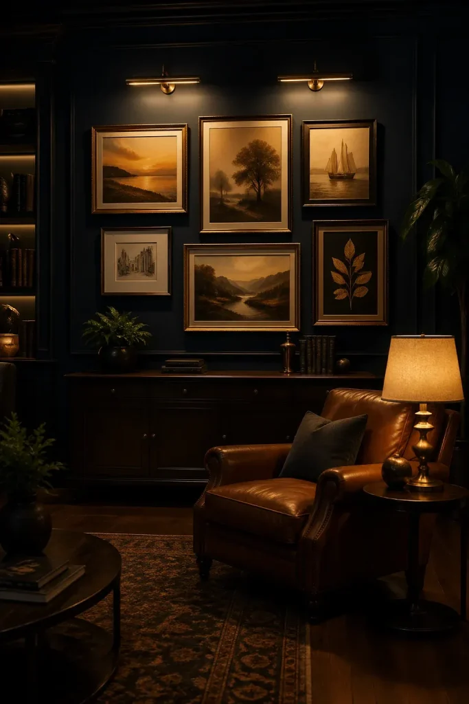 A gallery wall on a navy blue wall illuminated by warm brass picture lights at night.