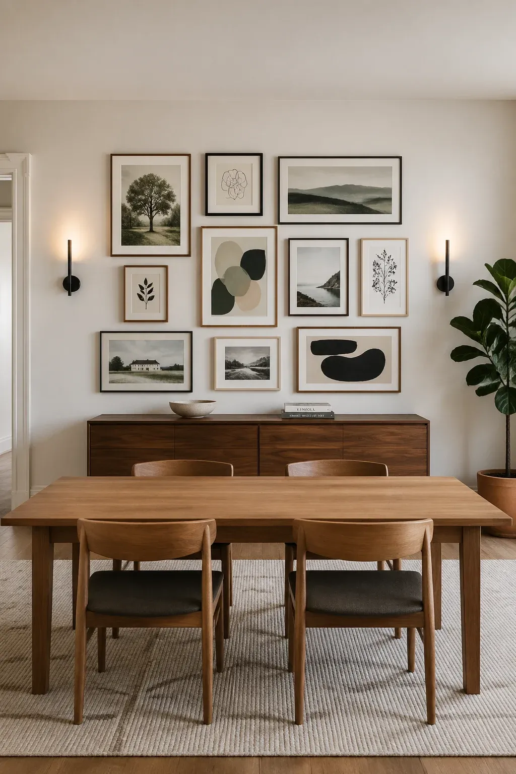 A wide dining room view showing a large gallery wall perfectly scaled above a walnut sideboard.