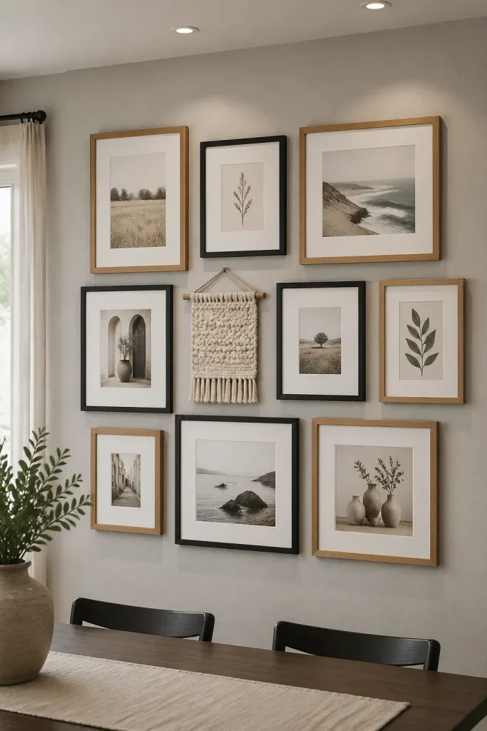 A gallery wall featuring a mix of oak and black metal frames with consistent white matting.