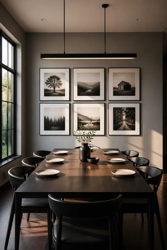 A rectangular dining table aligned with a horizontal grid-style gallery wall and pendant light.
