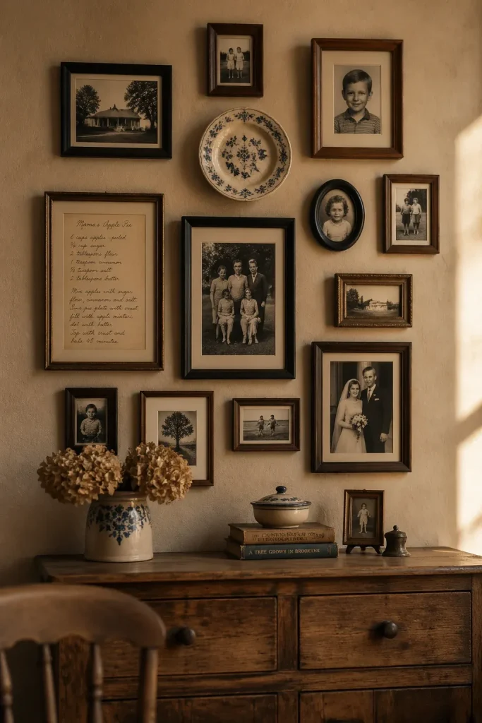 An eclectic gallery wall with black and white photos, a vintage plate, and a framed recipe.
