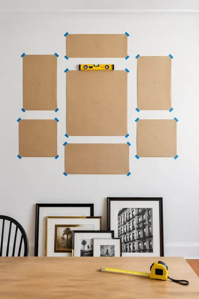 A dining room wall with brown kraft paper templates and a level being used for precise spacing.