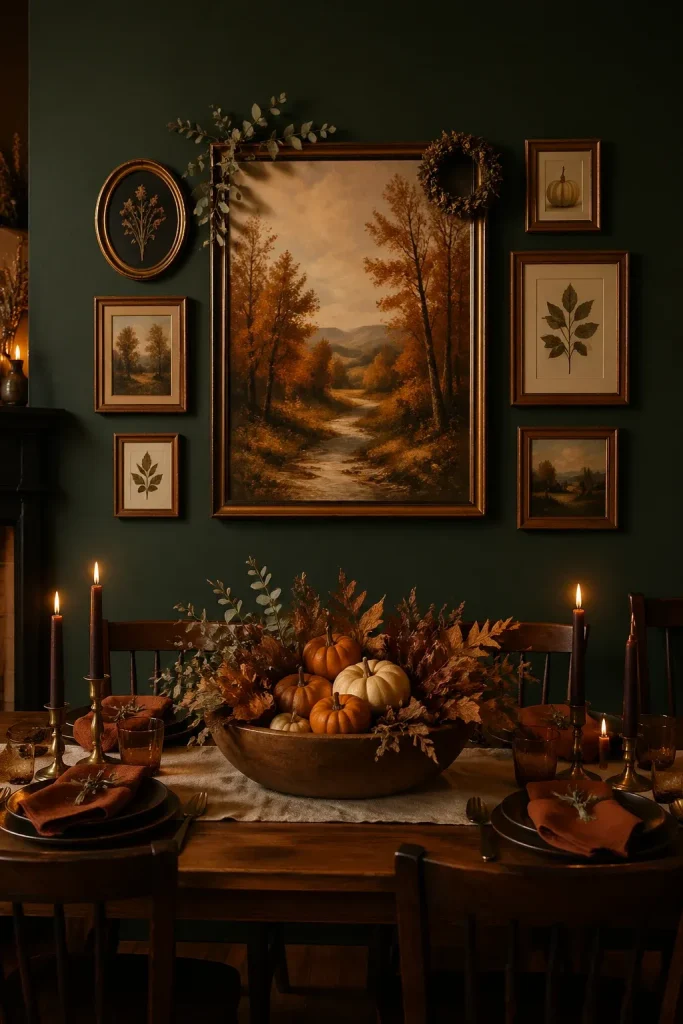 An autumnal dining room gallery wall with landscape art, dried greenery, and pumpkin decor.