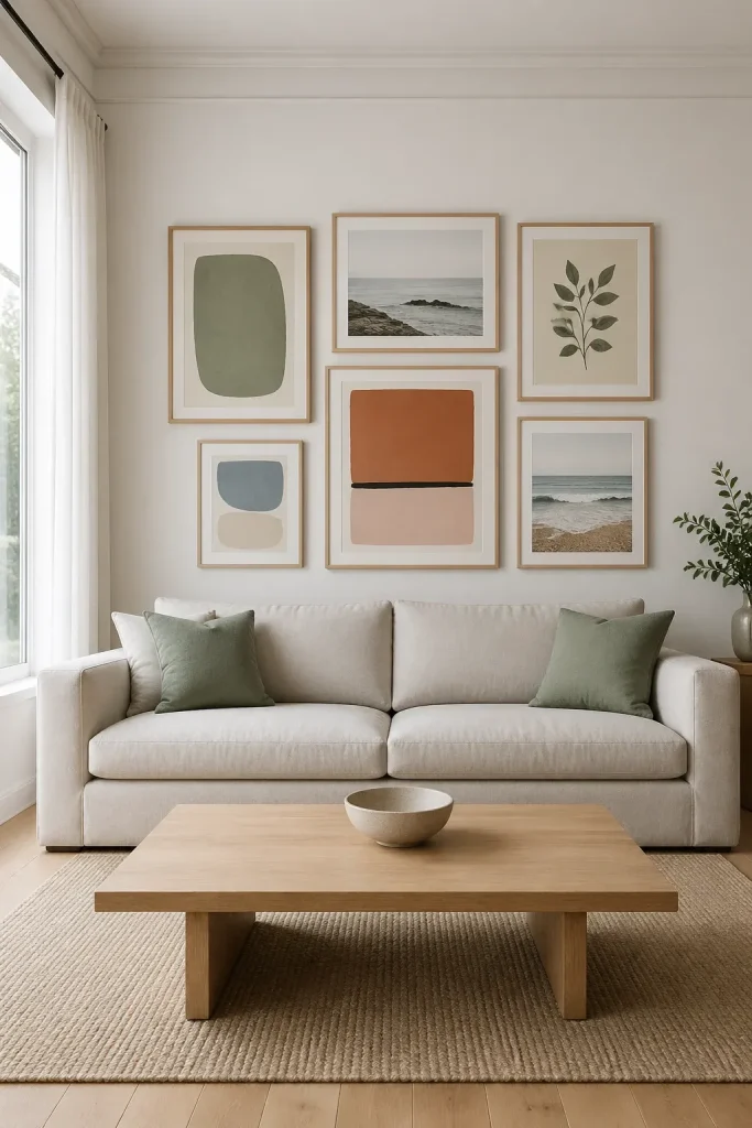 A minimalist gallery wall with sage green and terracotta art above an oatmeal linen sofa.