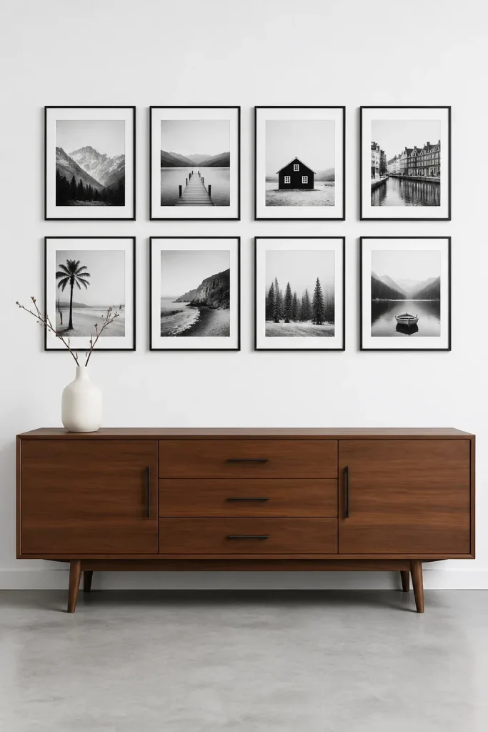 A series of identical thin black frames arranged in a grid above a walnut sideboard.