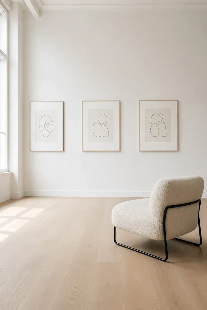 Art frames with wide white mats and large gaps between them on a white wall.