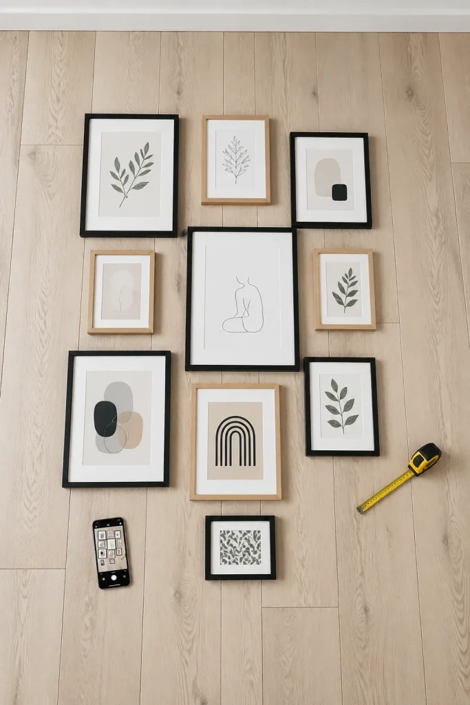 Art frames laid out on a light wood floor next to a measuring tape for planning.