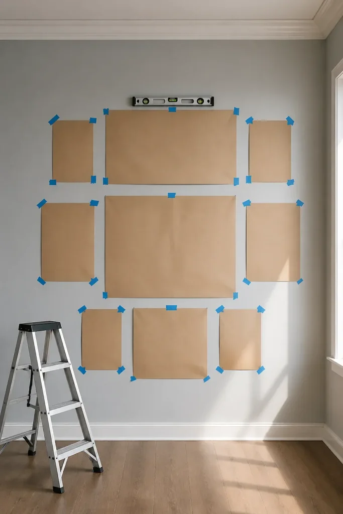 Brown paper templates taped to a grey wall with blue painter's tape and a level.