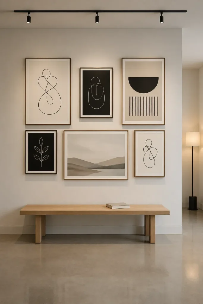 A balanced gallery wall with line drawings and abstract art above a simple wooden bench.