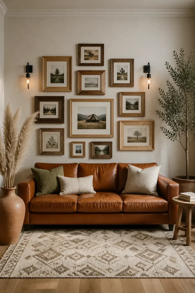 A rustic gallery wall mixing family photos with framed pressed ferns and handmade paper.