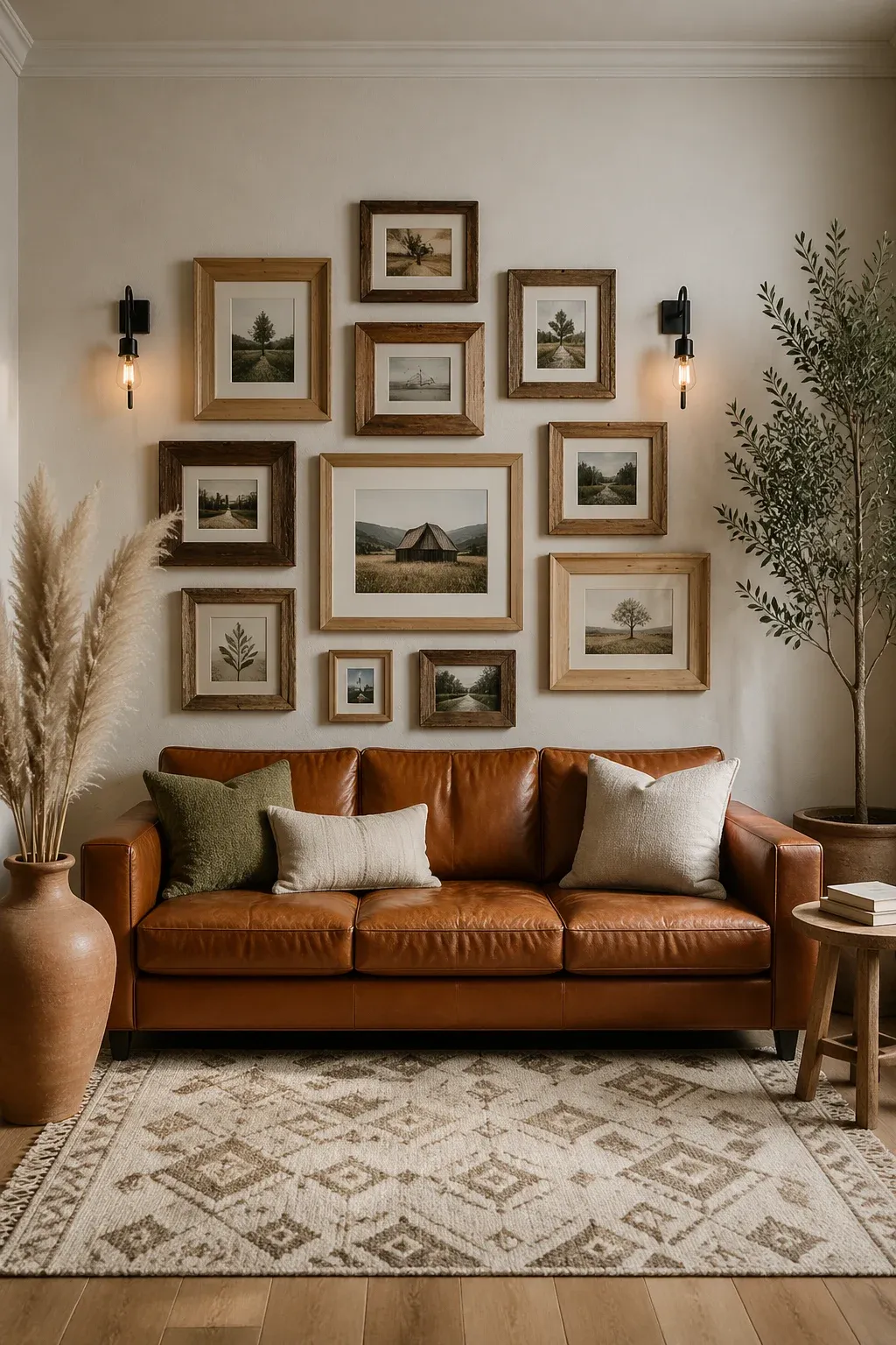 A rustic gallery wall mixing family photos with framed pressed ferns and handmade paper.