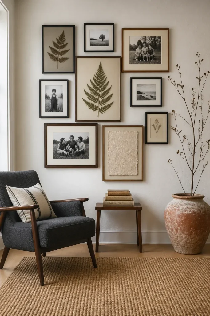 A rustic gallery wall mixing family photos with framed pressed ferns and handmade paper.
