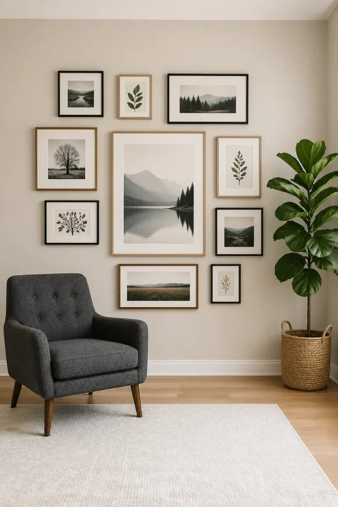 A wide view of an asymmetrical gallery wall layout in a modern living room.
