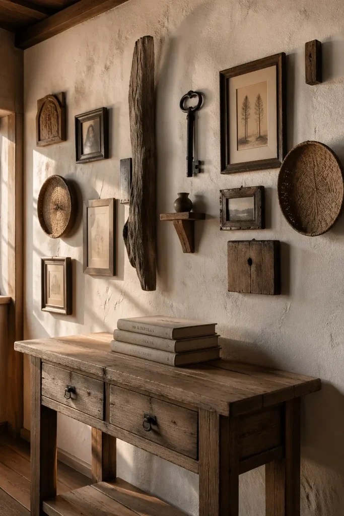 A gallery wall featuring driftwood, a vintage key, and a woven basket alongside frames.