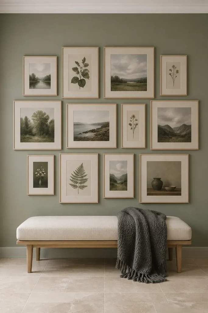 A gallery wall with a cohesive palette of moss green, slate gray, and oatmeal tones.