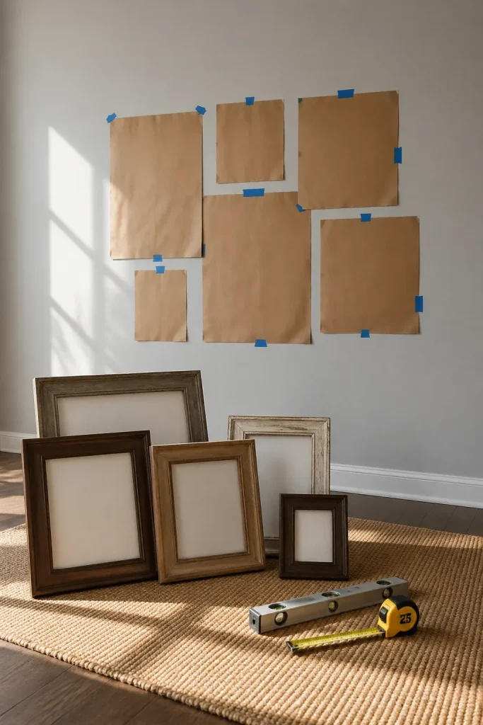 Kraft paper templates taped to a wall to plan a rustic gallery wall layout.