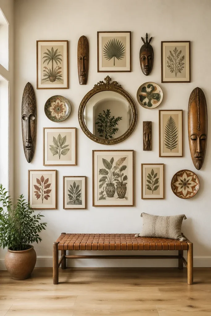 A boho gallery wall featuring wooden masks, mirrors, and ceramic plates mixed with framed art.