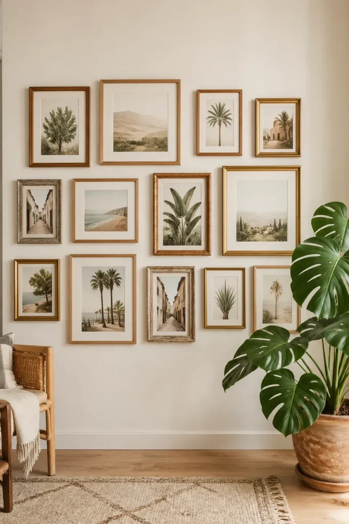 A wall display of various natural wood and brass frames in a bright bohemian room.