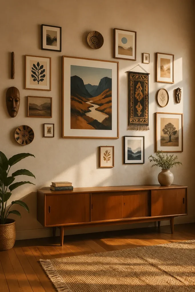 An asymmetrical but balanced gallery wall arrangement above a wooden sideboard.