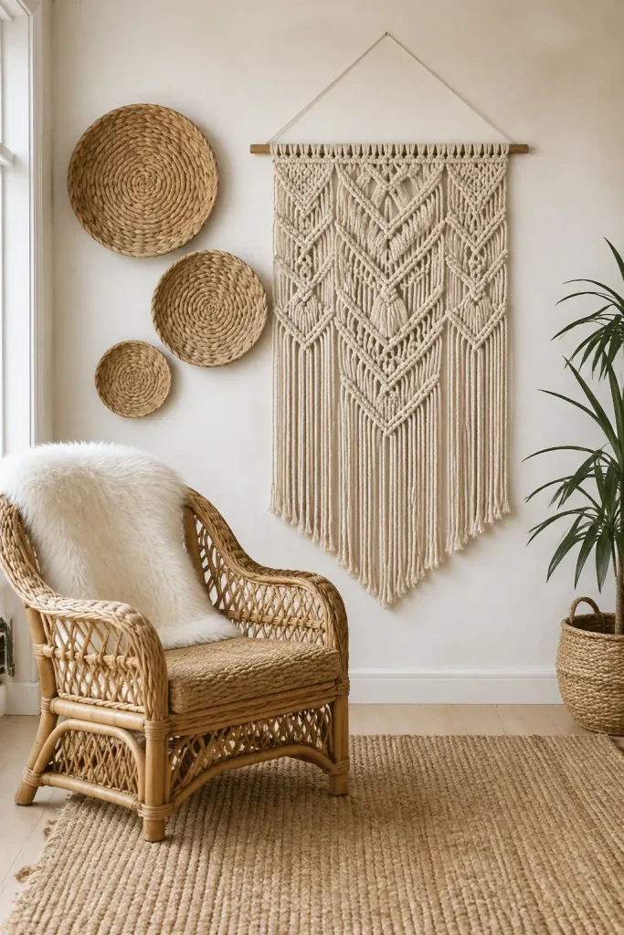 A boho wall decorated with woven seagrass baskets and a large macrame hanging.