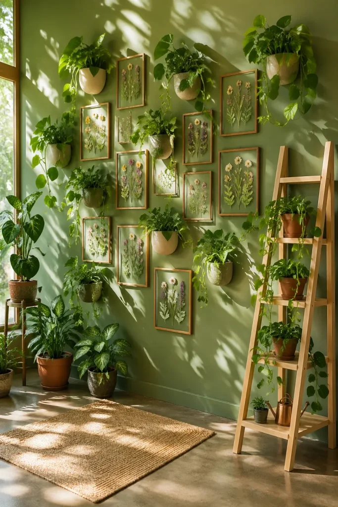 A gallery wall featuring hanging plants, pressed flowers, and wooden frames.
