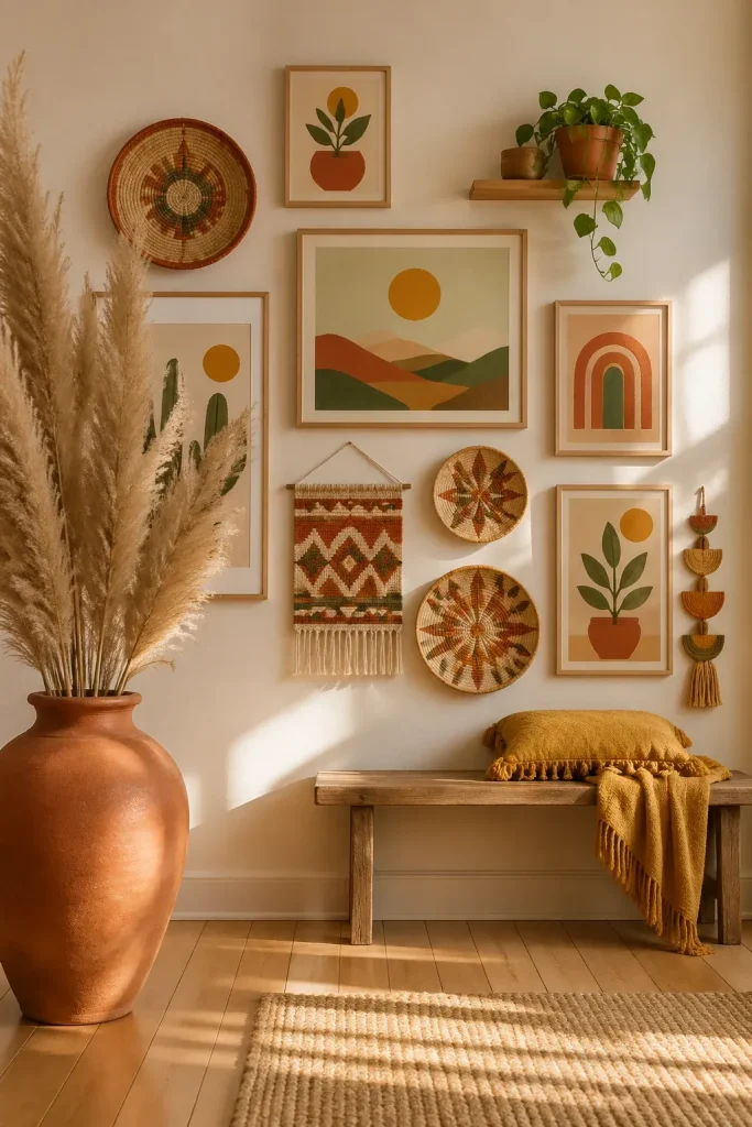 A gallery wall with a unified color scheme of terracotta, mustard, and sage green.