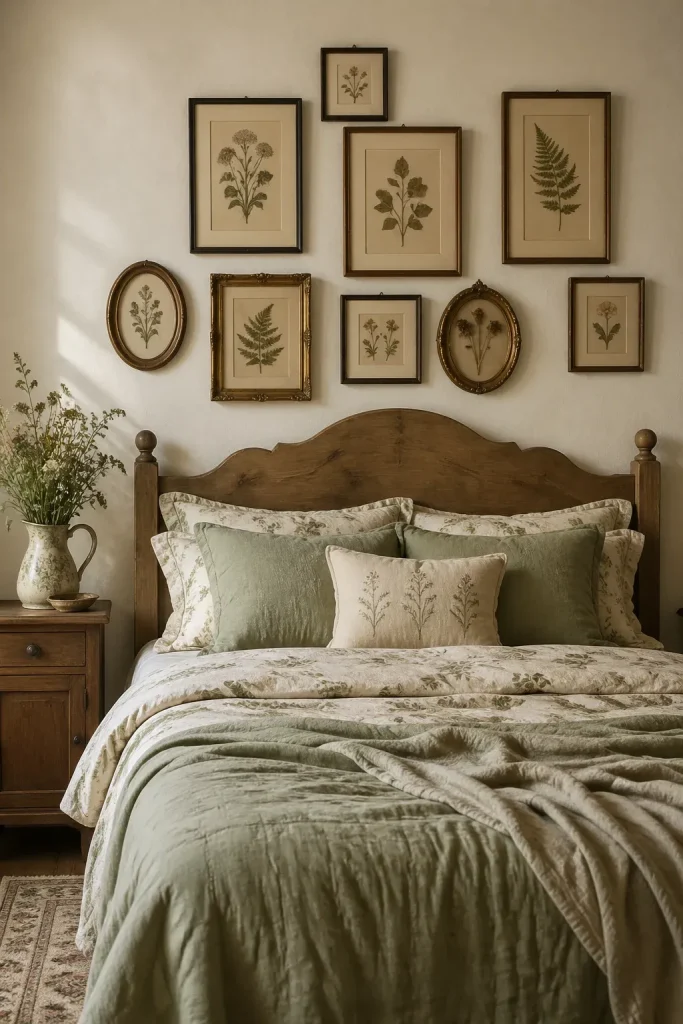 A cozy bedroom featuring botanical prints in mismatched frames above a rustic wooden bed.