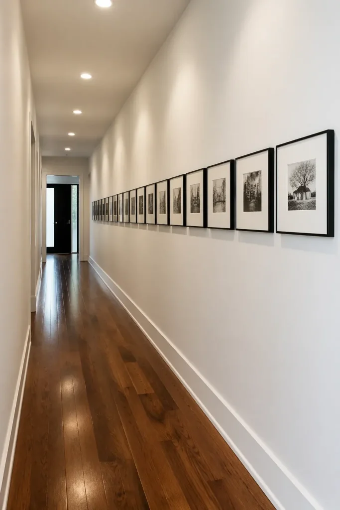 A narrow hallway with a series of small black-framed photos aligned perfectly along a center line.