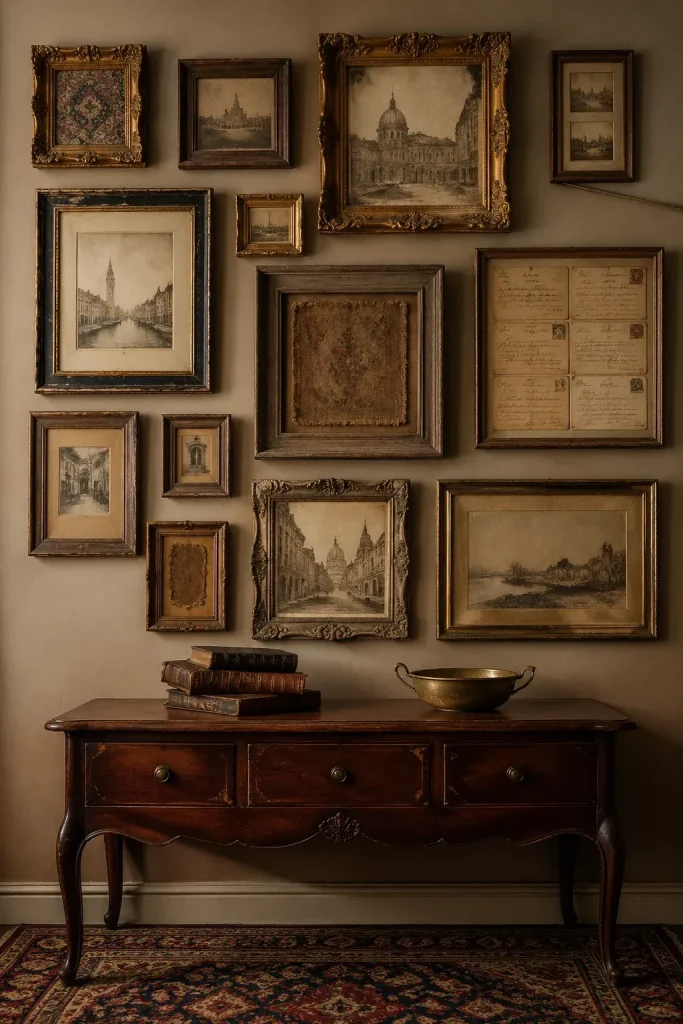 A vintage gallery wall with ornate gold and wood frames containing old sketches and postcards.