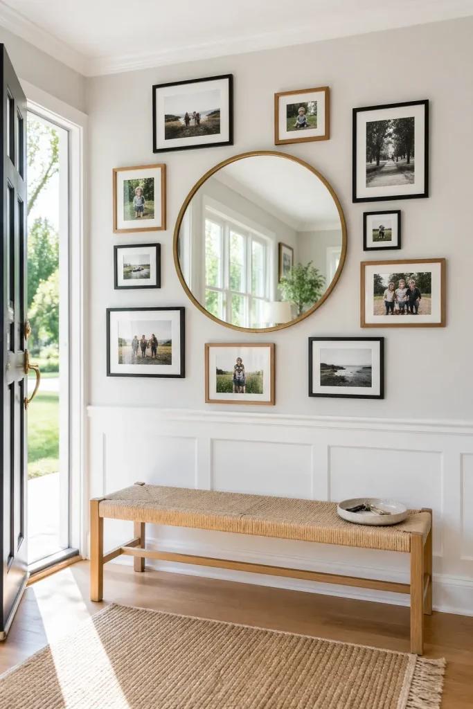A bright entryway featuring a brass mirror surrounded by a gallery of framed photos above a bench.
