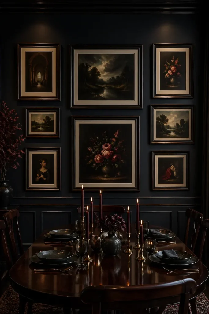 A dramatic gallery wall with dark-framed oil paintings on a deep navy blue dining room wall.