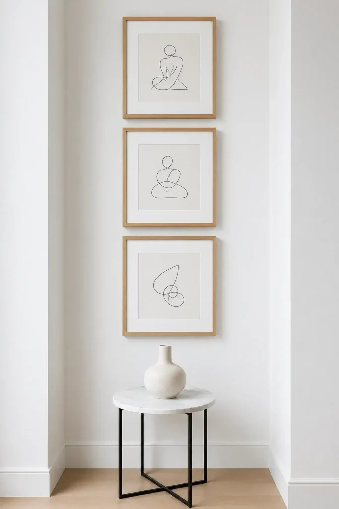 A minimalist vertical gallery wall with three stacked oak frames above a marble side table.