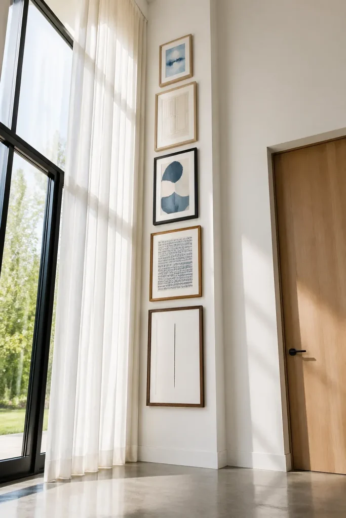 A tall vertical gallery wall of frames on a narrow wall next to a large window with sheer curtains.