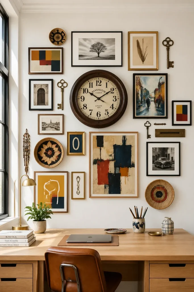 A creative gallery wall featuring framed art, a vintage clock, and woven baskets above a desk.