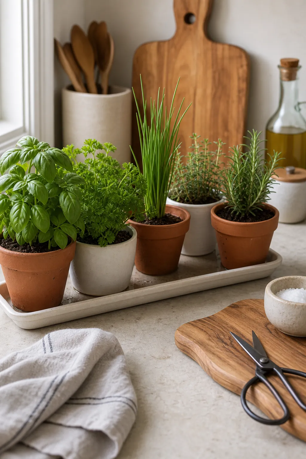 Useful kitchen herb tray with basil, parsley, chives, thyme, rosemary, scissors, and cooking tools