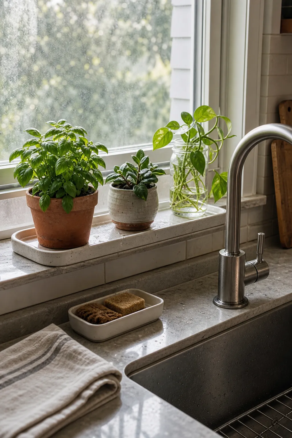 Kitchen window with herbs, peperomia, and pothos cutting placed according to natural light