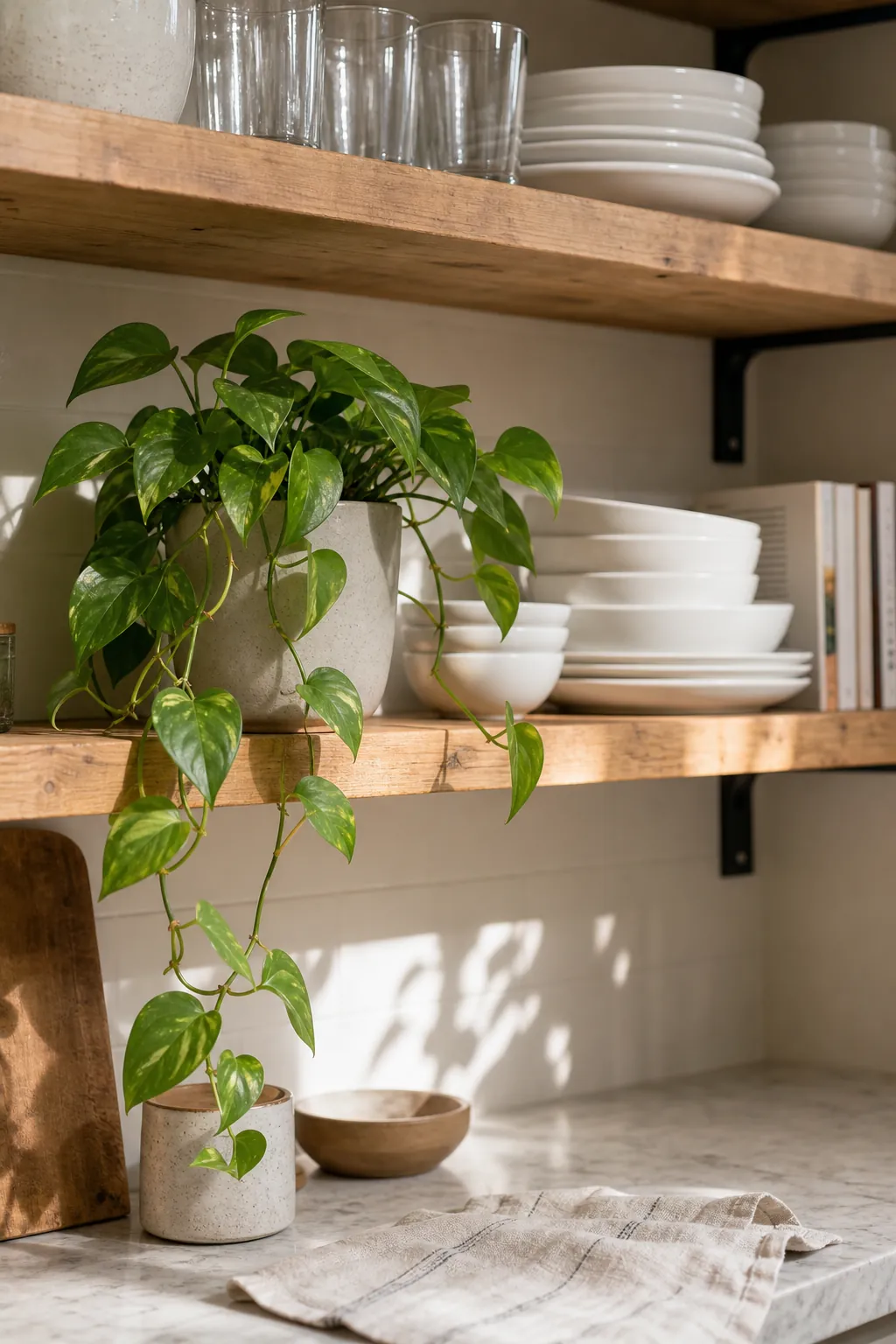 Open kitchen shelving softened by one trailing pothos among plates, bowls, glasses, and warm wood