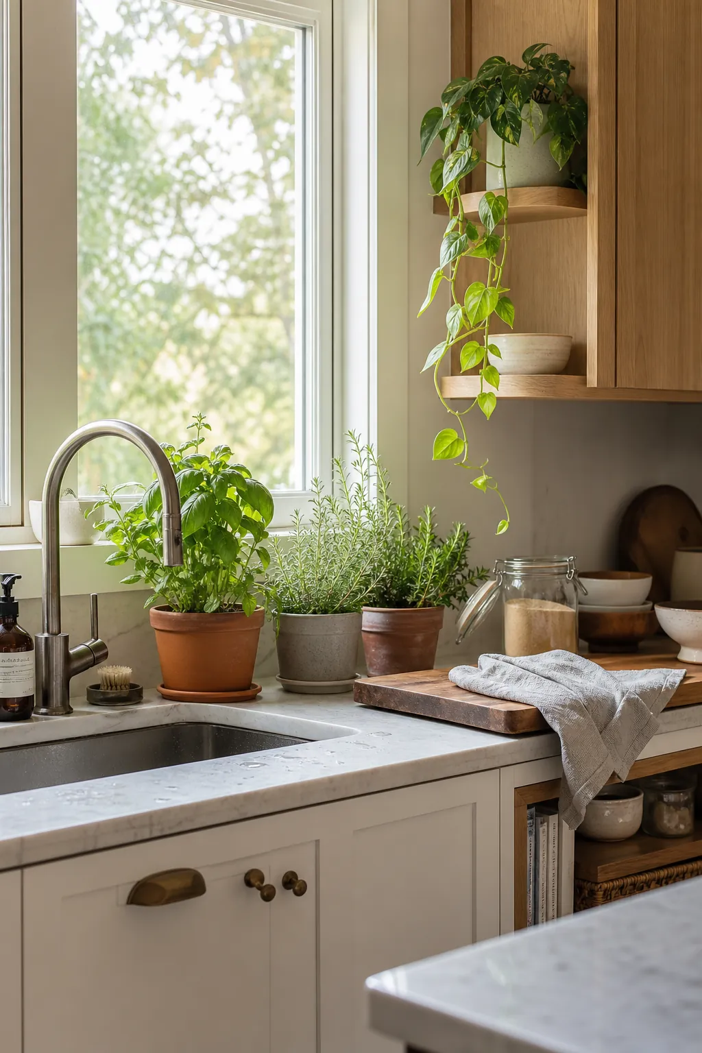 Warm natural kitchen with herbs, pothos, open shelving, and plant decor integrated into daily cooking