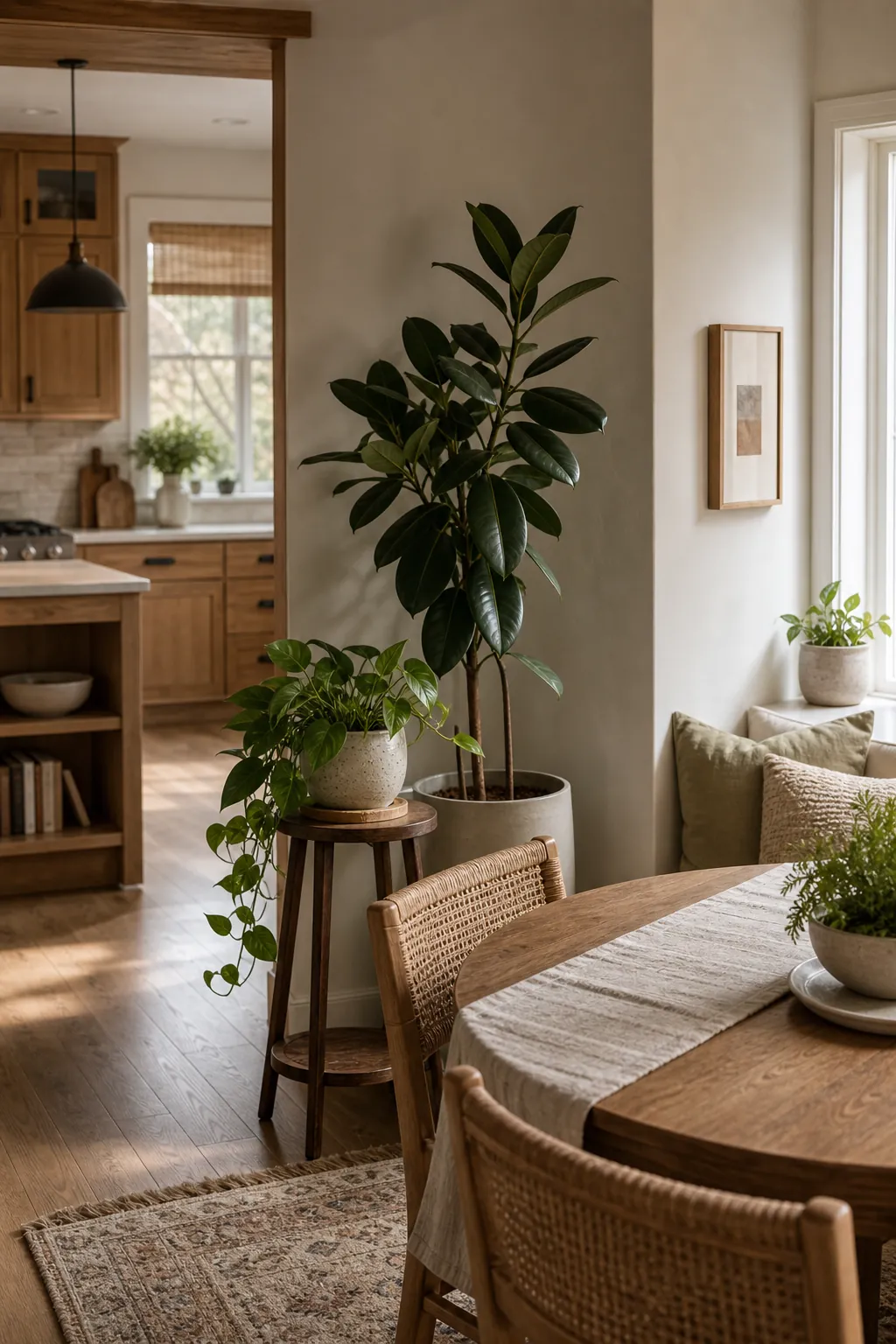 Open kitchen dining nook with layered plant corner, rattan chairs, wood table, and natural decor textures