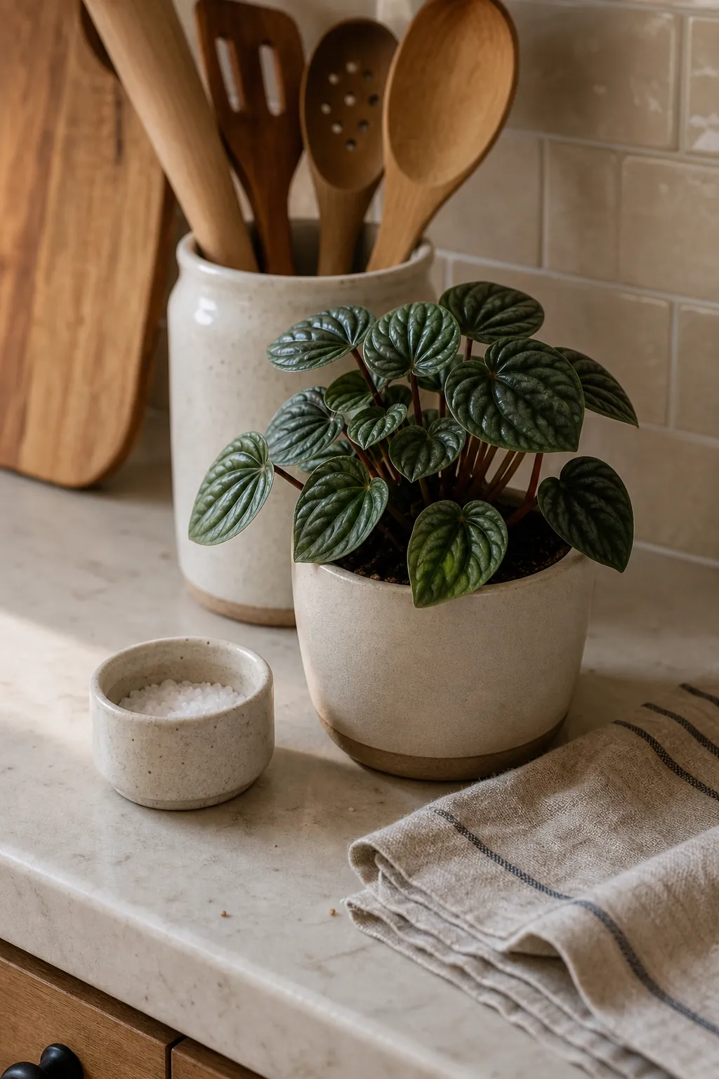 Kitchen counter plant vignette with peperomia, salt cellar, linen towel, spoon crock, and cutting board