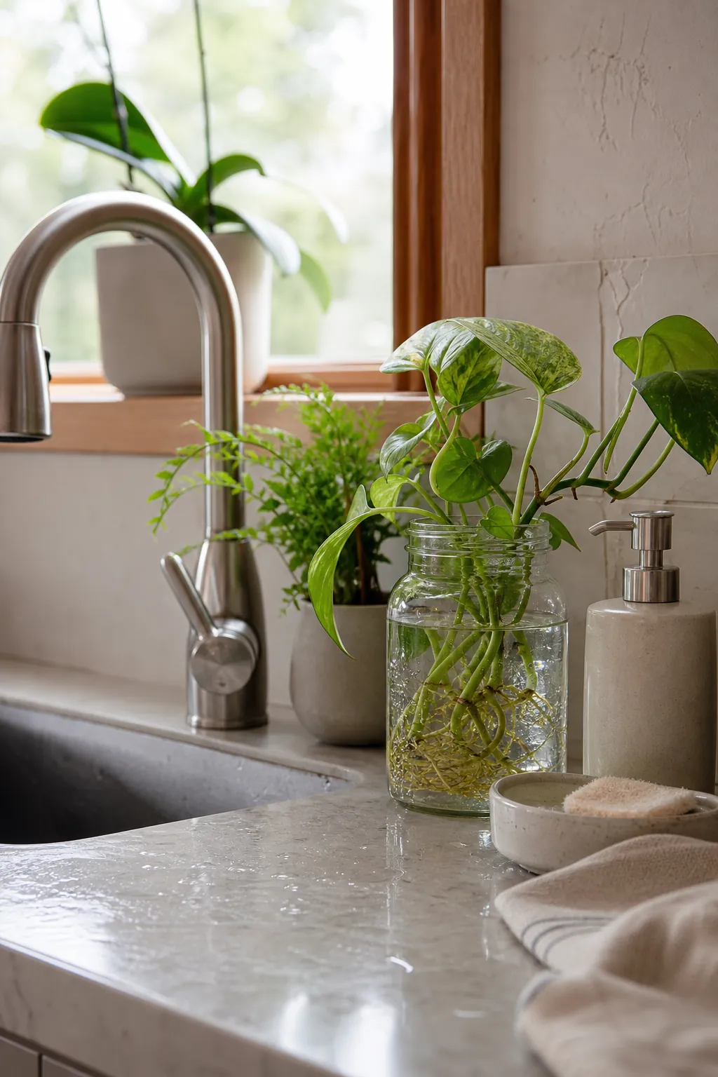 Small green kitchen sink moment with pothos propagation jar, visible roots, faucet, soap, and clean counter