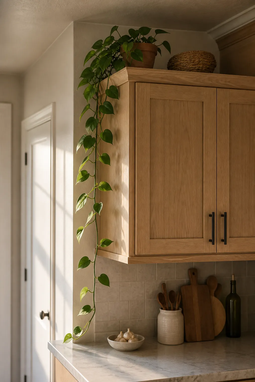 Trailing pothos on a high kitchen cabinet ledge warming vertical space while counters stay clear