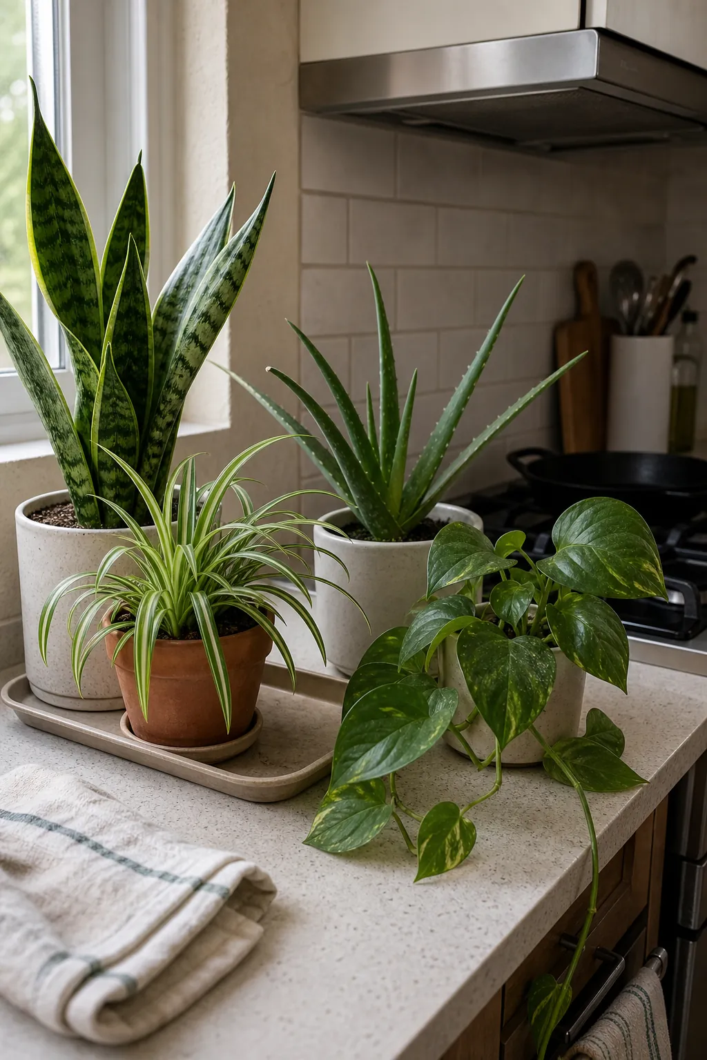 Forgiving kitchen plants on a wipeable tray away from stove heat with realistic cooking-zone details