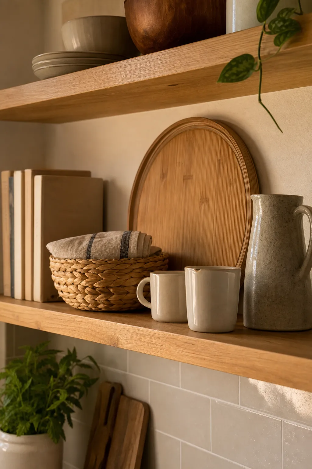 Natural kitchen shelf decor with bamboo tray woven basket stoneware mugs and warm wood texture