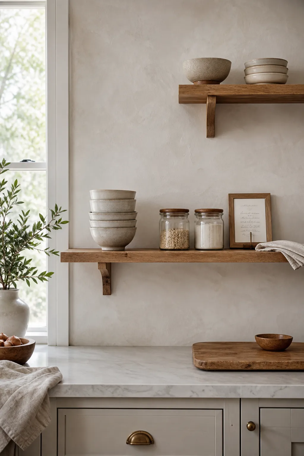 Open kitchen shelves styled in small groups with visible negative space between dishes and jars